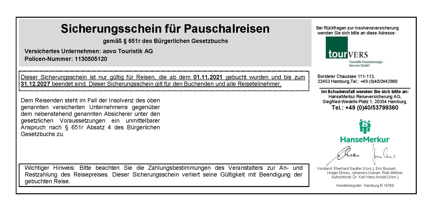 Sicherungsschein aovo Touristik AG - 2027