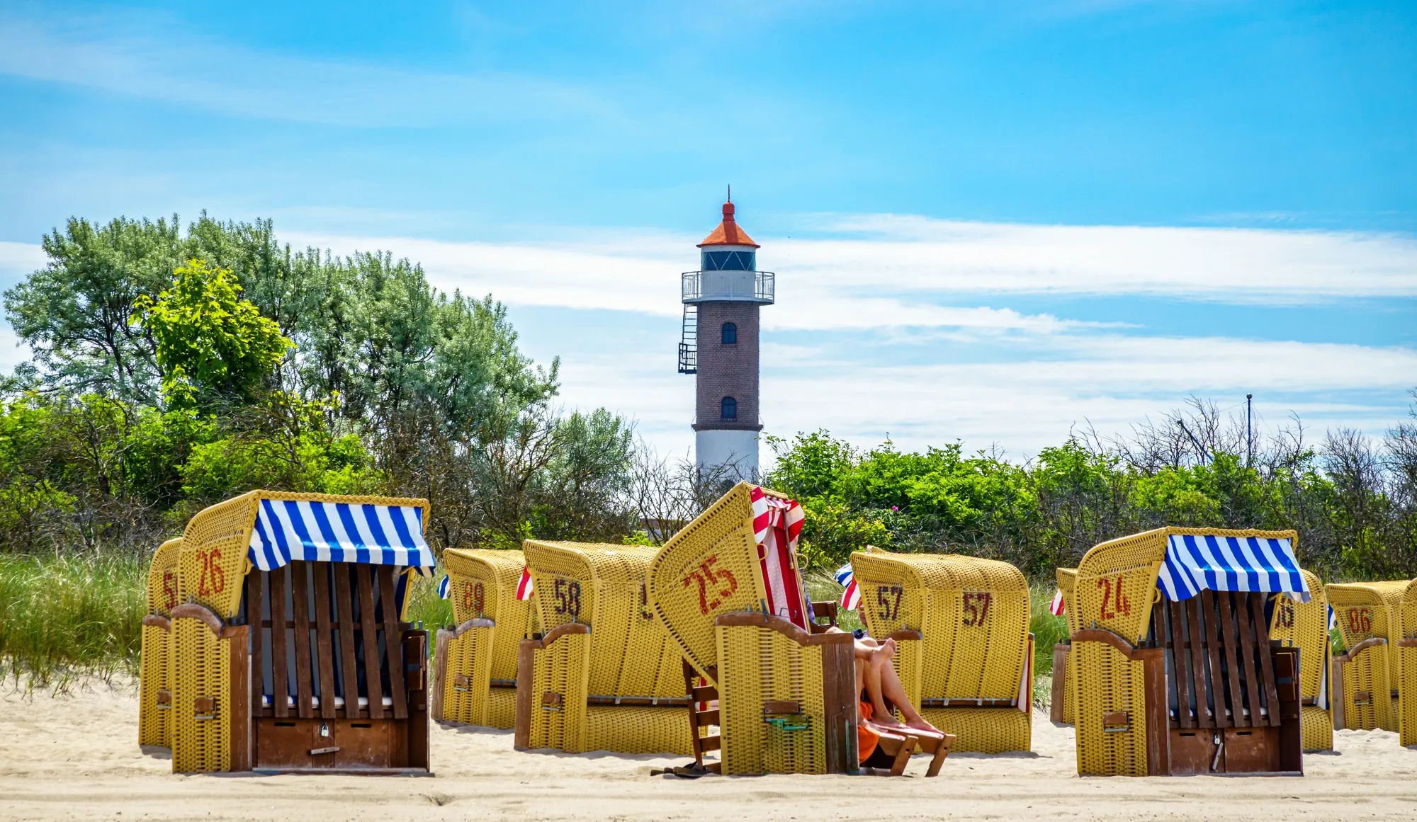 Strandkörbe und Leuchtturm auf der Insel Poel