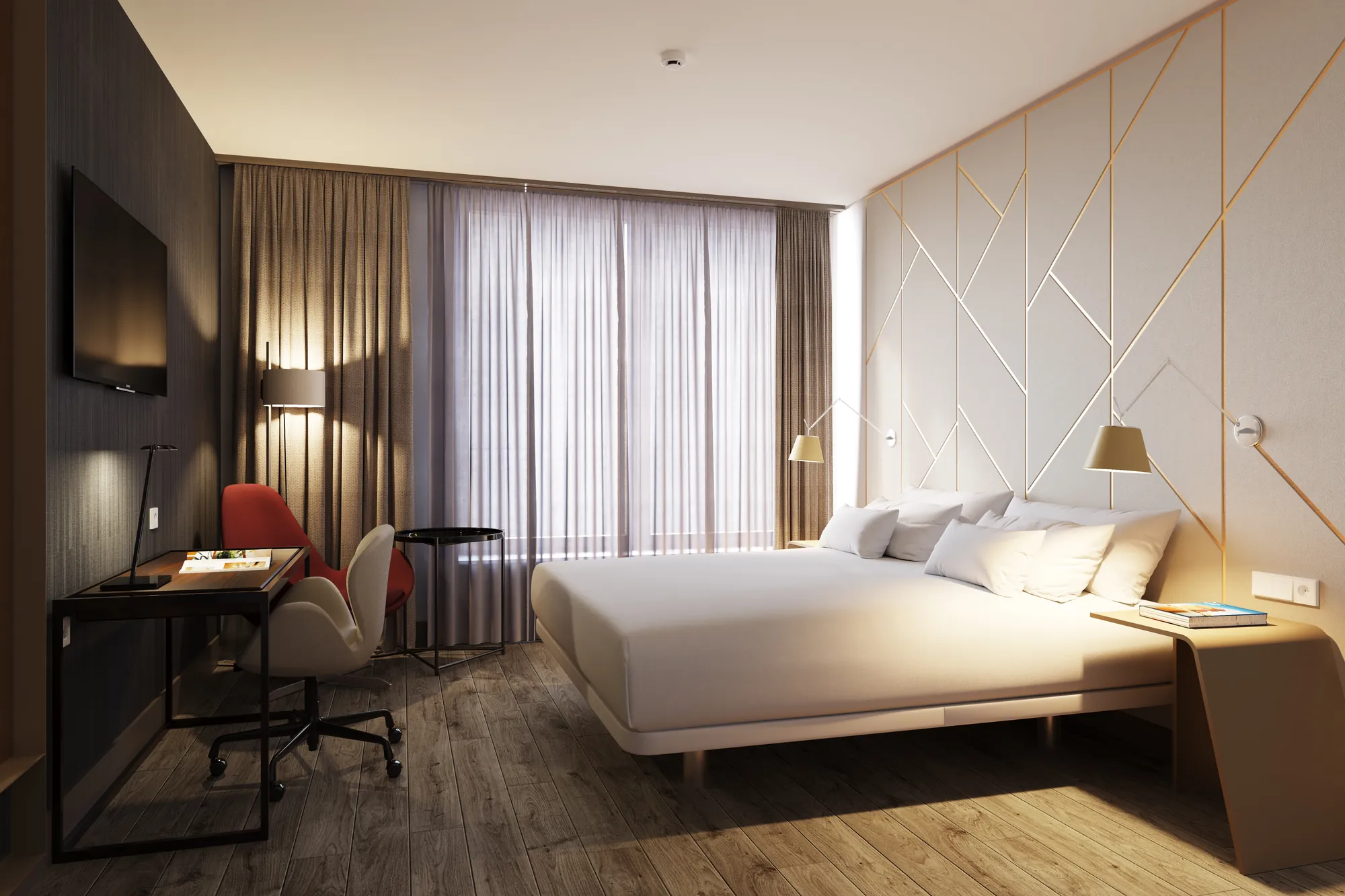 Zimmerspiel in NH Antwerpen mit großen weißem Bett und hellen Wänden, kleiner Sitzecke und Schreibtisch für die Städtereise