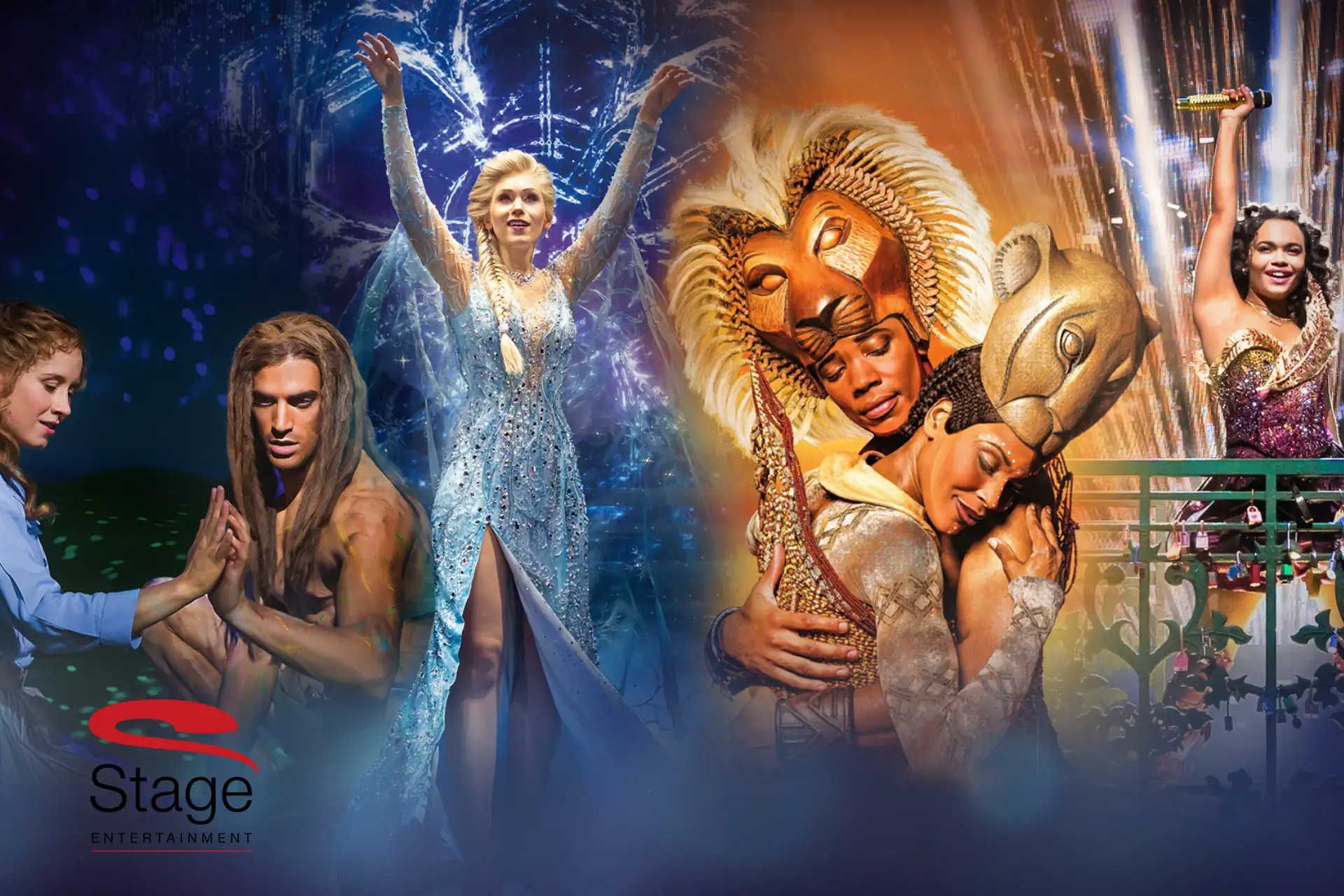 Musicalgutscheine Symbolbild: Collage aus Szenen der Musicals Tarzan, Die Eiskönigin, Der König der Löwen und & Julia.