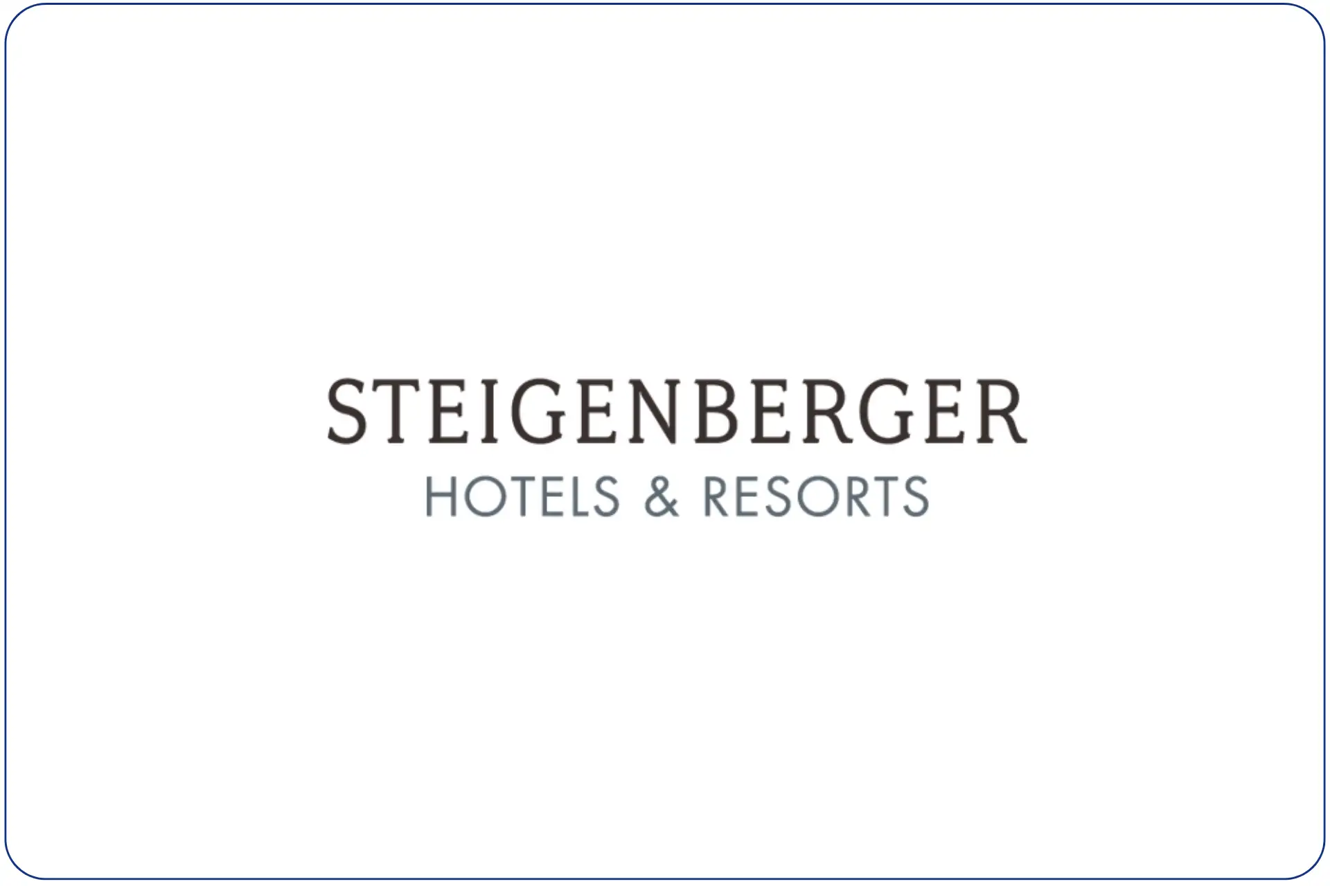 Steigenberger Hotels & Resorts, Logo mit dunkelgrauer und grauer Schrift auf weißem Grund mit dunkelblauer umrahmender Linie
