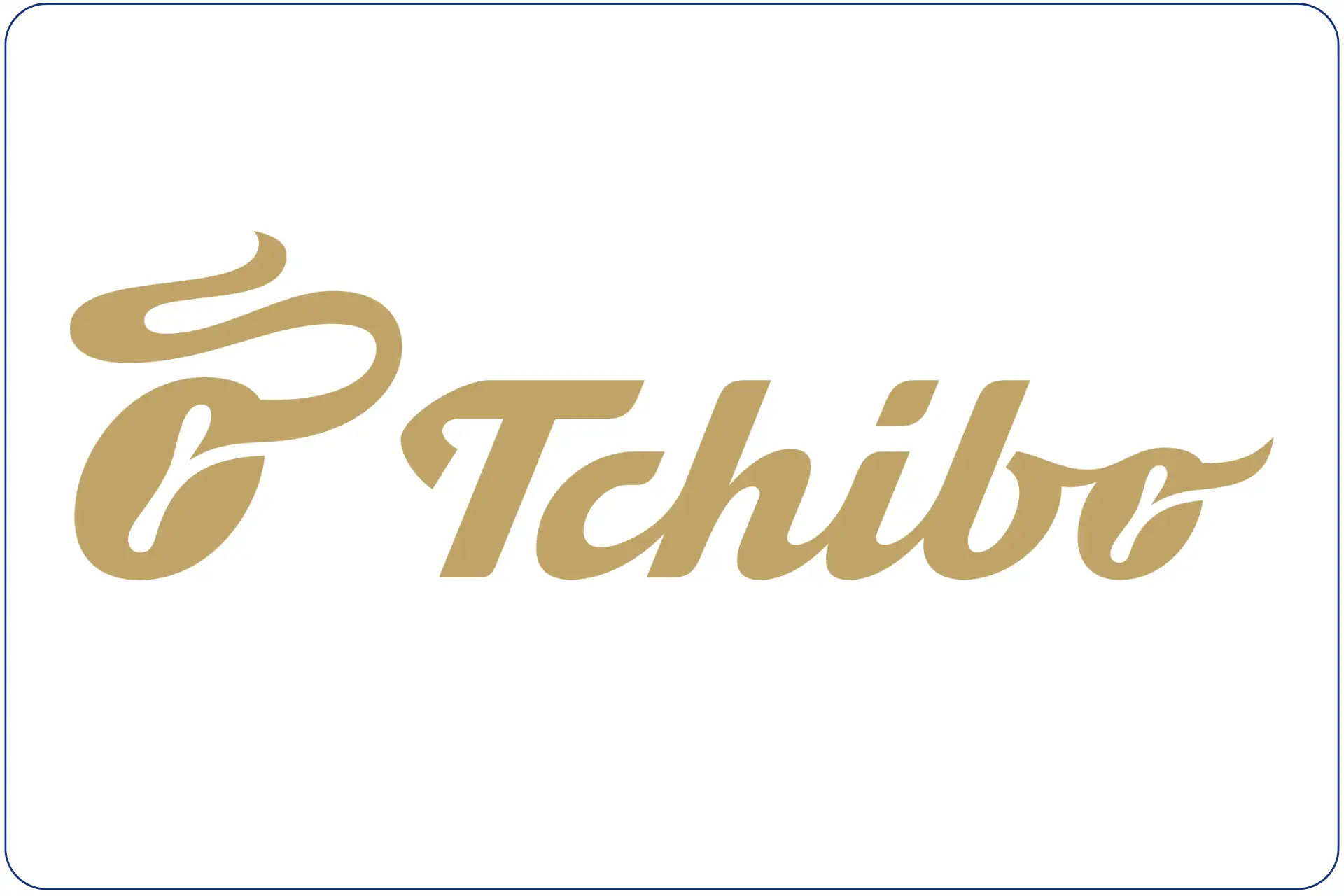 Tchibo, Logo mit goldener Kaffeebohne und goldener Schrift auf weißem Grund mit dunkelblauer umrahmender Linie