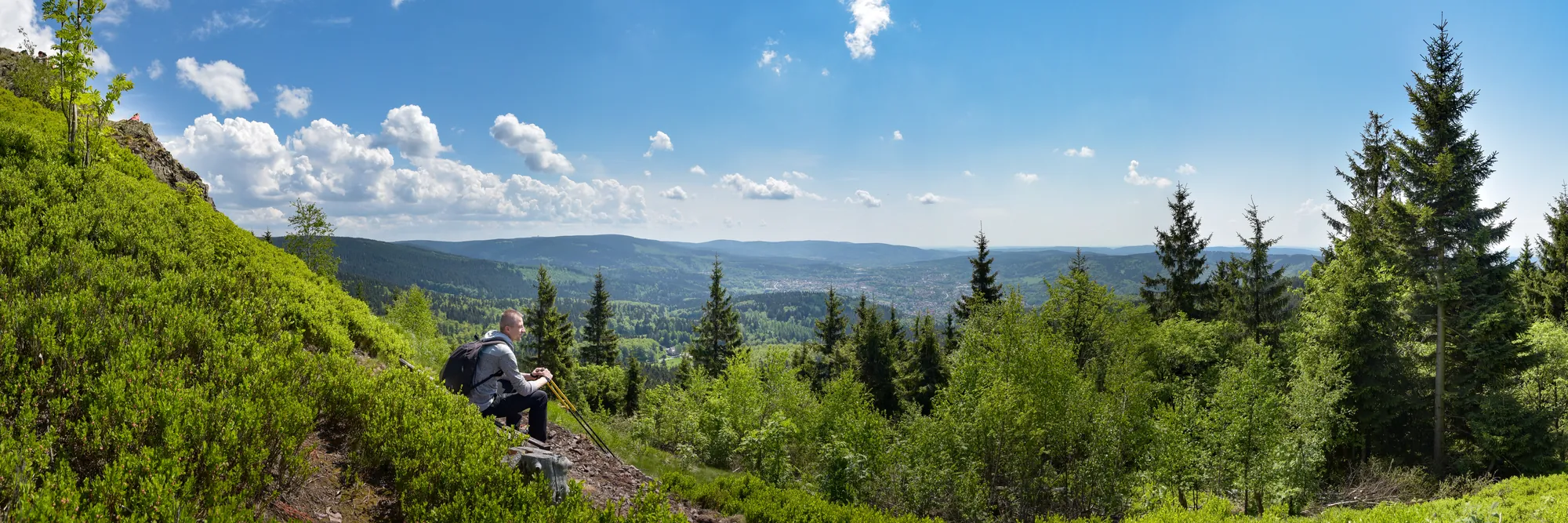 Panorama des Thüringer Walds mit Wanderer