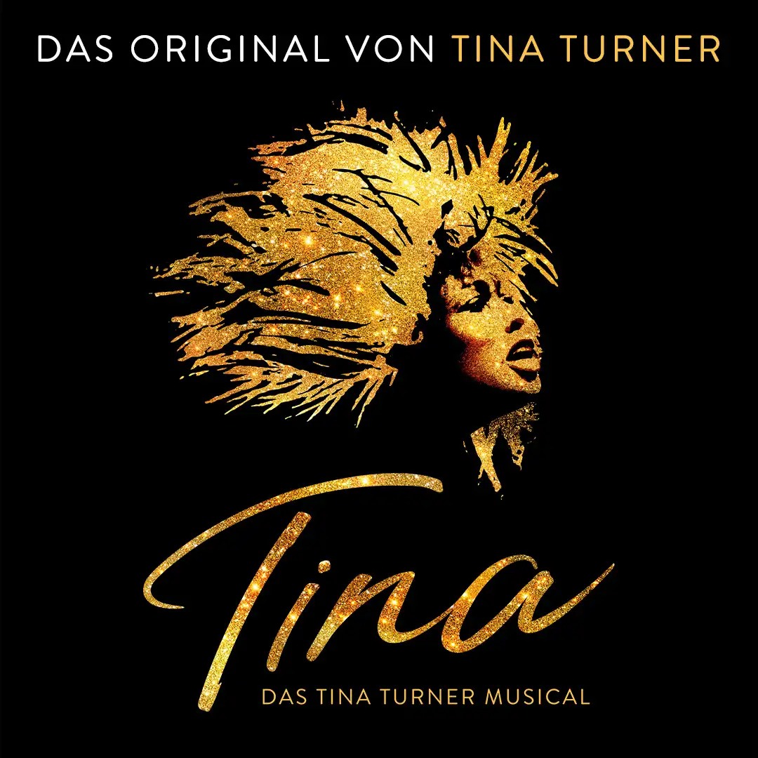 Goldglitzernde Silhouette einer Frau mit voluminösem Haar vor schwarzem Hintergrund und Text 'DAS ORIGINAL VON TINA TURNER' sowie 'Tina DAS TINA TURNER MUSICAL'