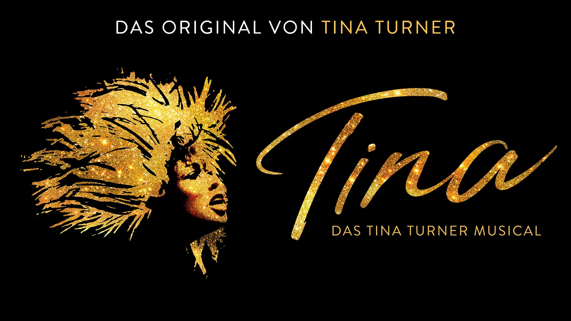 Goldglänzende Silhouette von Tina Turner mit markanter Frisur neben dem Schriftzug 'Tina' und dem Text 'Das Original von Tina Turner' sowie 'Das Tina Turner Musical' auf schwarzem Hintergrund