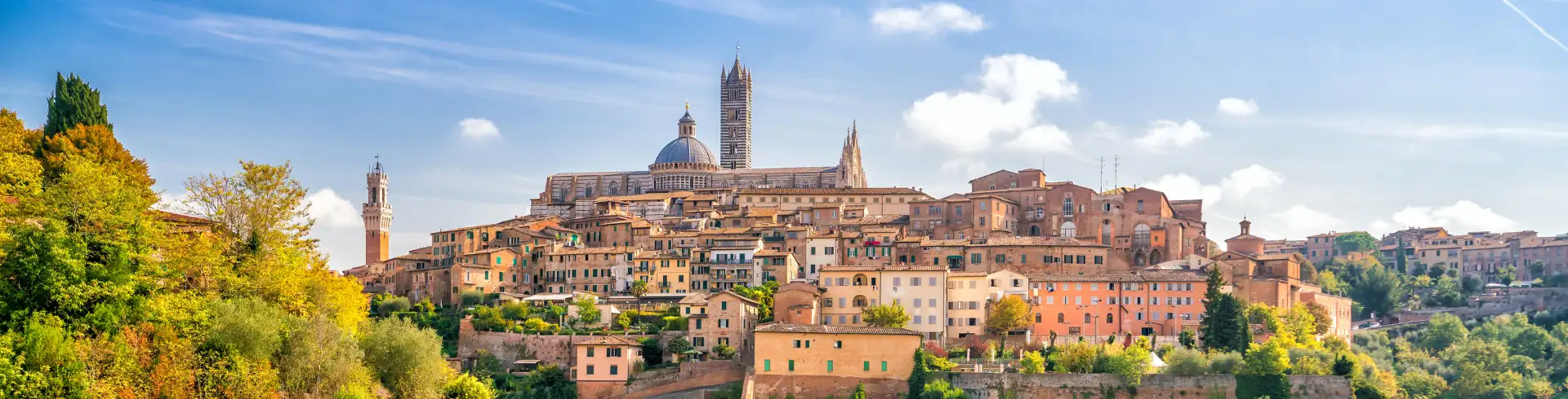 Toskana Banner: Panoramablick auf die historische Stadt Siena mit ihren charakteristischen Backsteingebäuden und dem Dom unter blauem Himmel.