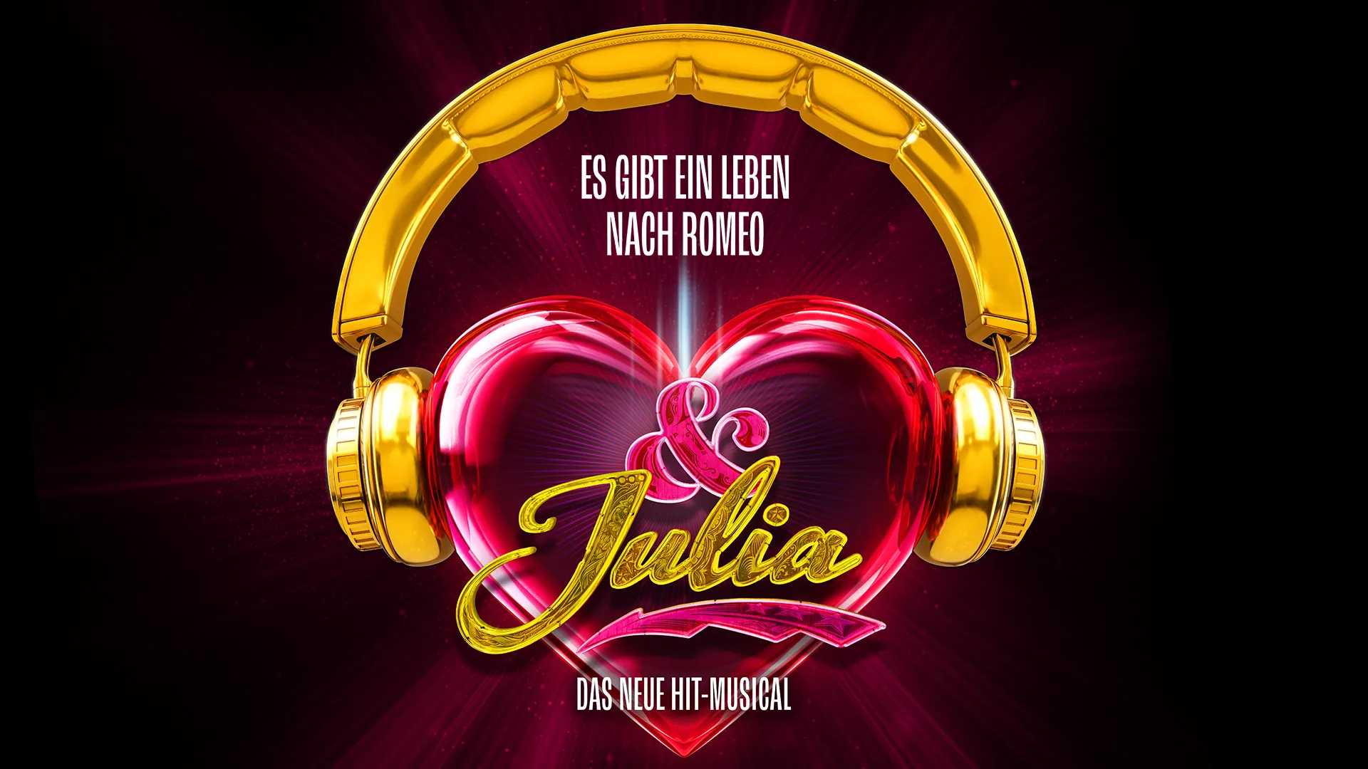 Buntes Werbeplakat für das Musical „& Julia“ mit einem großen rosa Herz mit goldenen Kopfhörern, Glitzer und fettgedrucktem Text.