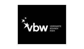 VBW – Vereinigte Bühnen Wien Logo: Weiße Schrift auf schwarzem Grund mit 3 Sternen