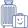 Blau-schwarze Linienzeichnung von zwei Koffern, einer mit ausziehbarem Griff, der andere mit einem lächelnden Gesicht.