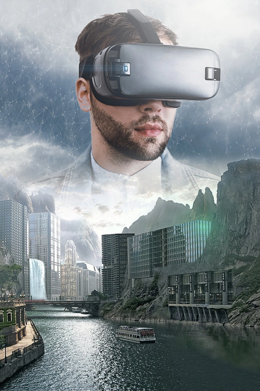 AI-generiertes Bild - Mann mit VR-Brille entdeckt eine neue Stadt