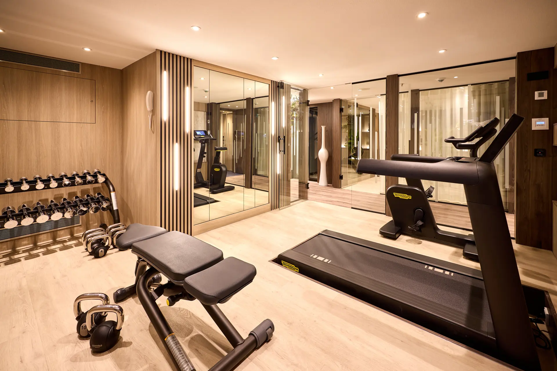 Gym auf der VIVA ENJOY, verschiedene Fitnessgeräte wie Laufband und Hantelbank