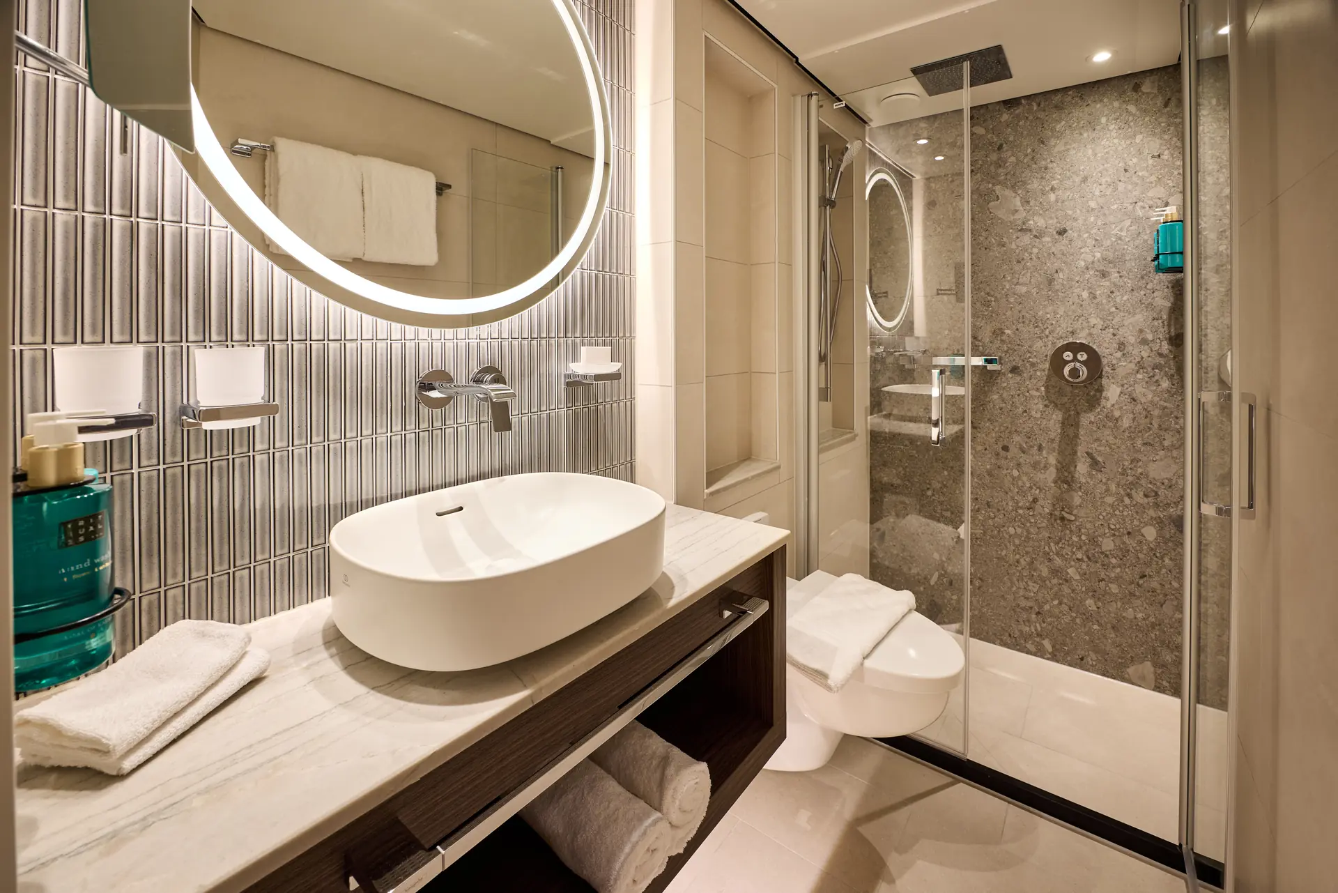 Kabine mit französischem Balkon auf der VIVA ENJOY, Bad mit Dusche/WC