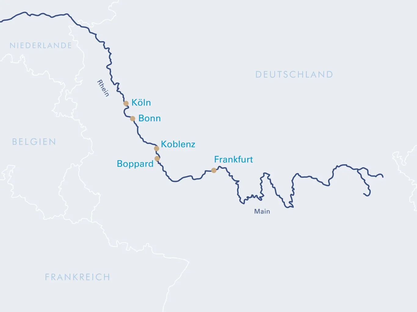 Karte des Rheins mit Städten wie Köln, Bonn, Koblenz, Boppard und Frankfurt.