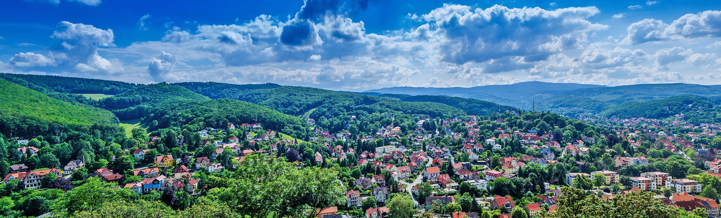 Panoramaluftbild von Wernigerode inmitten der Wälder des Harz