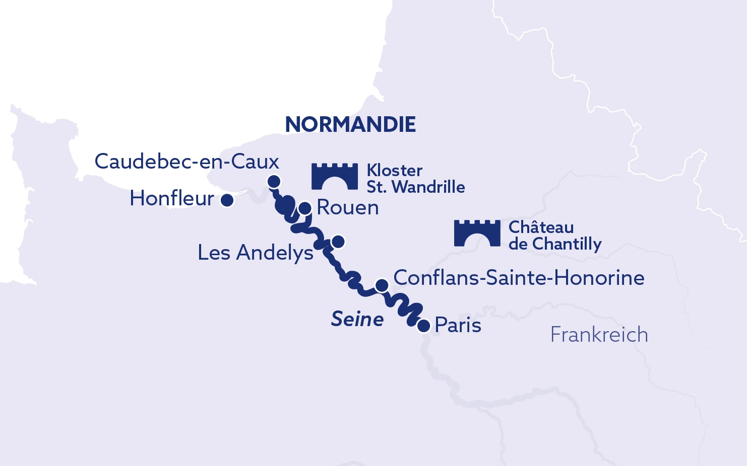 Routenkarte der Reise Winterzauber auf der Seine mit Verlauf der Seine und markierten Orten Caudebec-en-Caux, Honfleur, Les Andelys, Rouen, Conflans-Sainte-Honorine, Paris sowie Symbolen für Kloster St. Wandrille und Château de Chantilly