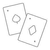 Die Grafik zeigt zwei stilisierte Spielkarten mit den Symbolen Pik und Karo. Die einfache, schwarz-weiße Linienzeichnung stellt ein minimalistisches Kartenspiel-Icon dar, das oft im Zusammenhang mit Poker oder anderen Kartenspielen verwendet wird.
