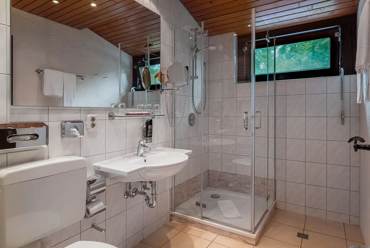 Badezimmer im Hotel Zur Heidschnucke mit Toilette, Waschbecken, Duschkabine aus Glas, großem Spiegel und Fenster unter einer Holzdecke